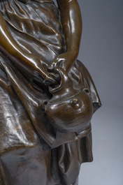 Mathurin Moreau (1822-1912): Girl sitting on a rock with a jug in her hand, brown patinated bronze on a red marble base