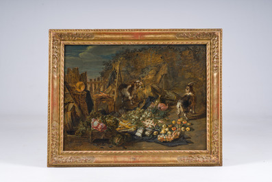Jan van Kessel (ca. 1620-1661): A still life of cabbages, carrots, asparagus, etc., together with two goats and three rabbits, oil on panel