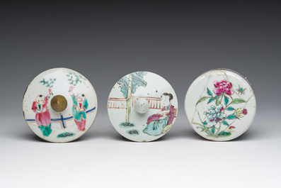 Four Chinese famille rose and qianjiang cai jars with animated scenes and floral and 'Wu Shuang Pu' design, 19th/20th C.