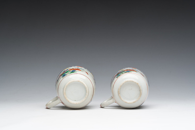 Two Chinese famille verte cups and saucers with floral design, Qianlong