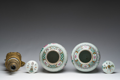 Deux pots couverts &agrave; d&eacute;cor de paniers &agrave; fleurs et un vase de Canton mont&eacute; en lampe, 19&egrave;me si&egrave;cle