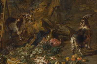 Jan van Kessel (ca. 1620-1661): A still life of cabbages, carrots, asparagus, etc., together with two goats and three rabbits, oil on panel