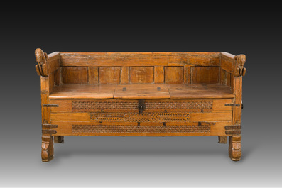 A North Indian carved wooden bridal chest with floral design and horses, Rajasthan, 20th C.