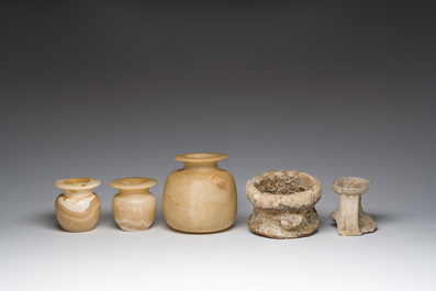 Three alabaster vases and three fragments of amphorae, presumably Egyptian period and later