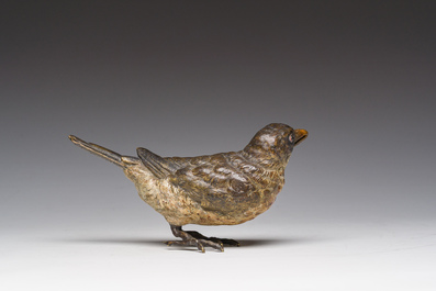 Franz Xaver Bergmann (1861-1936): Een Weense polychroom koud beschilderde bronzen model van een zanglijster, 19de/20ste eeuw