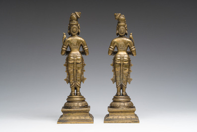 A pair of Indian oil lamps in the shape of Deepalakshmi with a bowl in her hands, 20th C.
