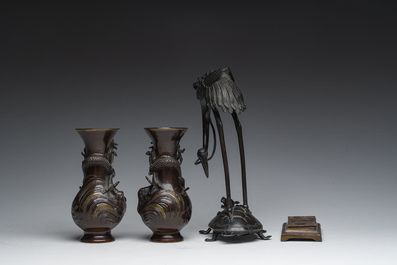 A pair of Japanese bronze vases with dragon relief design, a 'crane and turtle' joss stick holder and a stamp box, Meiji and later, 19th/20th C.