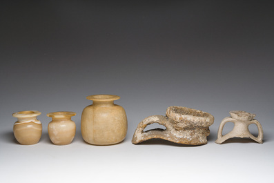Three alabaster vases and three fragments of amphorae, presumably Egyptian period and later