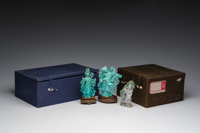 Two Chinese turquoise figures of Lan Caihe and a jade lady figure, 20th C.