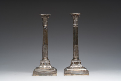 A pair of English silver Corinthian column-shaped candlesticks, maker's mark James Dixon &amp; Sons, Sheffield, dated 1906