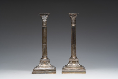 A pair of English silver Corinthian column-shaped candlesticks, maker's mark James Dixon &amp; Sons, Sheffield, dated 1906