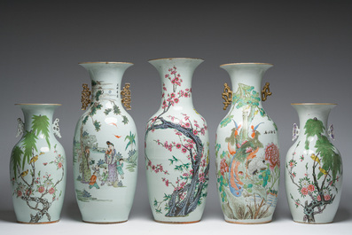 Five Chinese famille rose and qianjiang cai vases with animated scenes, animals and flowers, 19th/20th C.