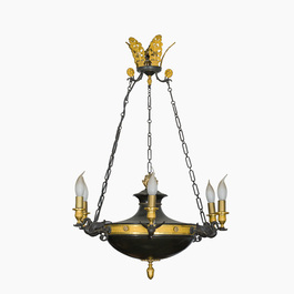 A French Empire style six-light patinated sheet metal and gilt bronze chandelier with swan design, 19th/20th C.