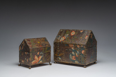 Two leather-covered boxes with floral design and a Cordoba leather panel with gilt design, Mechelen, 17th/18th C. and later