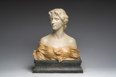 Charles Van De Waele (19th/20th C): Bust of a lady on a pedestal, polychrome decorated plaster, dated 1909