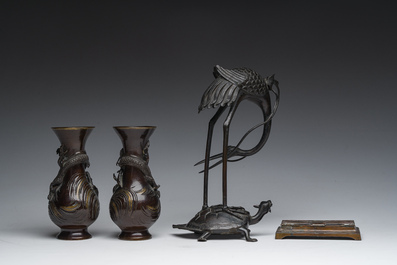 A pair of Japanese bronze vases with dragon relief design, a 'crane and turtle' joss stick holder and a stamp box, Meiji and later, 19th/20th C.