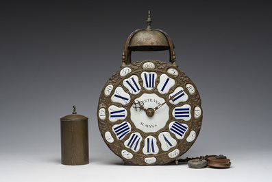 A French lantern clock with an enameled dial, 'Bertrand au Mans', 18th C.