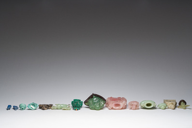 Eleven Chinese hardstone sculptures, a.o. jade, quartz, turquoise, malachite and lapis lazuli, 19th/20th C.