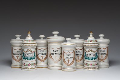 A varied collection of French gilt and polychrome decorated pharmacy jars, 19th C.