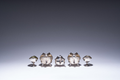 Three English silver sauce boats and a pair of 'armorial' salt cellars, 18th/20th C.