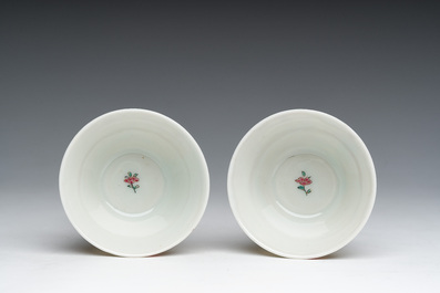 Two Chinese famille rose saucers and two pairs of French Samson famille rose style 'musician' cups and saucers, 18th/19th C.