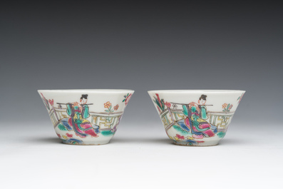 Two Chinese famille rose saucers and two pairs of French Samson famille rose style 'musician' cups and saucers, 18th/19th C.