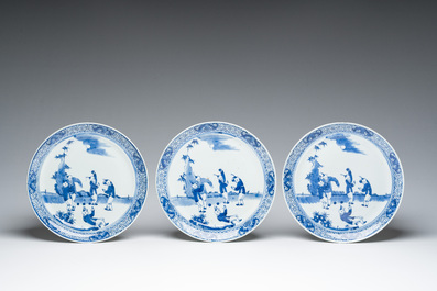 Six Chinese blue and white 'playing boys in a landscape' plates, 19th C.