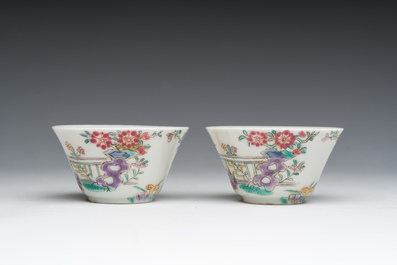 Two Chinese famille rose saucers and two pairs of French Samson famille rose style 'musician' cups and saucers, 18th/19th C.