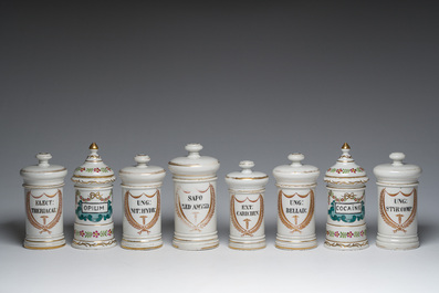 A varied collection of French gilt and polychrome decorated pharmacy jars, 19th C.