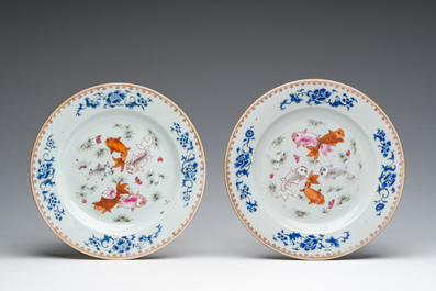 A pair of Chinese famille rose 'fish' plates, Qianlong