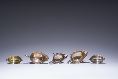 Three English silver sauce boats and a pair of 'armorial' salt cellars, 18th/20th C.