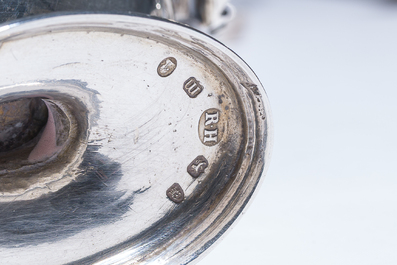 Three English silver sauce boats and a pair of 'armorial' salt cellars, 18th/20th C.