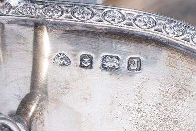 Three English silver sauce boats and a pair of 'armorial' salt cellars, 18th/20th C.