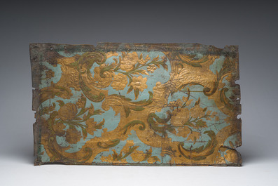 Two leather-covered boxes with floral design and a Cordoba leather panel with gilt design, Mechelen, 17th/18th C. and later