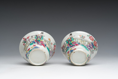 Two Chinese famille rose saucers and two pairs of French Samson famille rose style 'musician' cups and saucers, 18th/19th C.