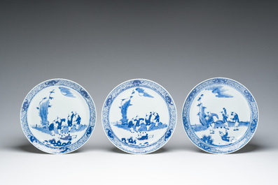 Six Chinese blue and white 'playing boys in a landscape' plates, 19th C.
