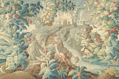 An impressive Flemish wall tapestry with ornamental birds in a paradisiacal castle garden, Oudenaarde or Brussels, 17th C.