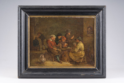 &Eacute;cole flamande, suiveur d'Adriaen Van Ostade (1610-1685): Joueurs de cartes dans une taverne, huile sur toile, 19&egrave;me si&egrave;cle