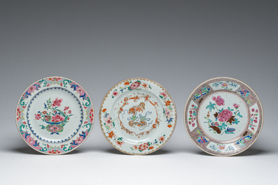 Seven Chinese famille rose plates with floral design and mythical animals, Yongzheng/Qianlong