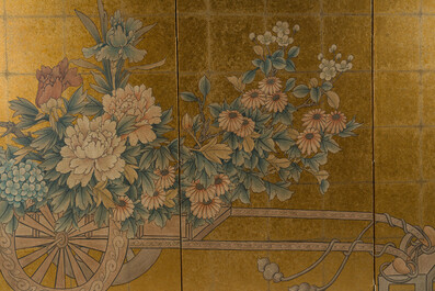 A Japanese four-fold painted byobu 'hanaguruma' room divider, 19th/20th C.
