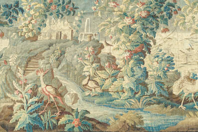 An impressive Flemish wall tapestry with ornamental birds in a paradisiacal castle garden, Oudenaarde or Brussels, 17th C.