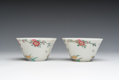 Two Chinese famille rose saucers and two pairs of French Samson famille rose style 'musician' cups and saucers, 18th/19th C.