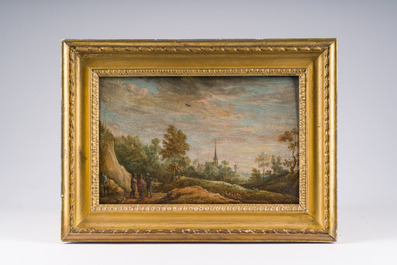 Flemish school, follower of David Teniers II (1610-1690): Animated landscape with a church, oil on panel, 18th/19th C.
