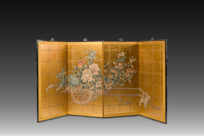 A Japanese four-fold painted byobu 'hanaguruma' room divider, 19th/20th C.