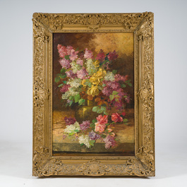 C&eacute;line Genyn (19&egrave;me/20&egrave;me si&egrave;cle): Deux natures mortes de fleurs, huile sur toile
