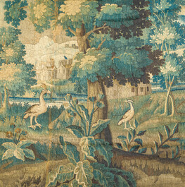 A Flemish wall tapestry with birds in a landscape with a castle in the background, 17th C.