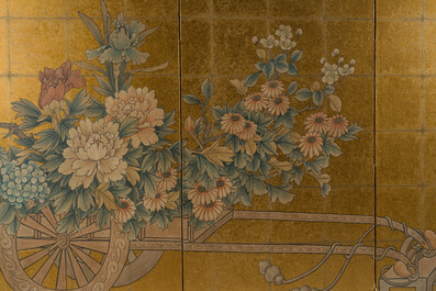 A Japanese four-fold painted byobu 'hanaguruma' room divider, 19th/20th C.