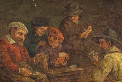 &Eacute;cole flamande, suiveur d'Adriaen Van Ostade (1610-1685): Joueurs de cartes dans une taverne, huile sur toile, 19&egrave;me si&egrave;cle