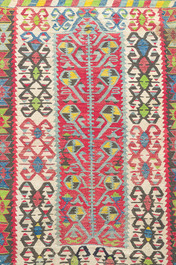 Four oriental carpets, a.o. three Turkish Kelim (Kilim) rugs with geometric design, wool on cotton, 20th C.