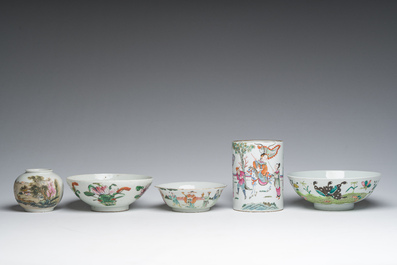 A varied collection of Chinese famille rose and qianjiang cai porcelain with floral design and animated scenes, 19th/20th C.